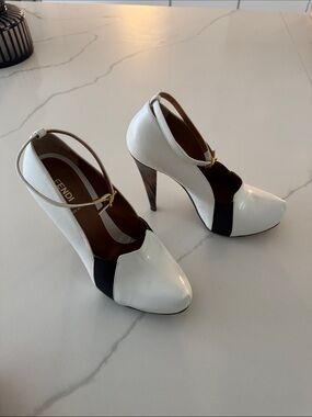 Fendi White and Black Ankle-Strap Stiletto Pumps